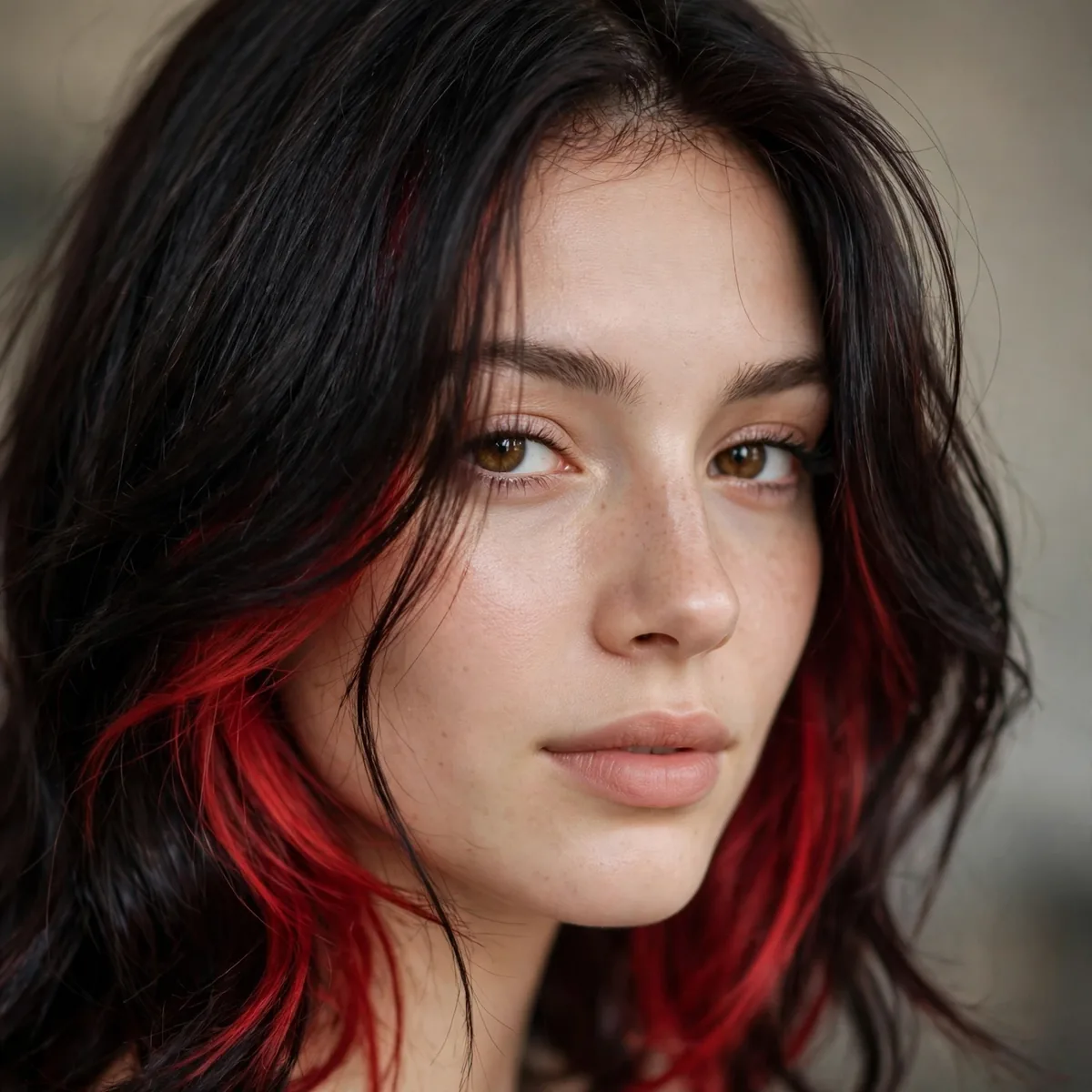 Peekaboo red under black cherry hair