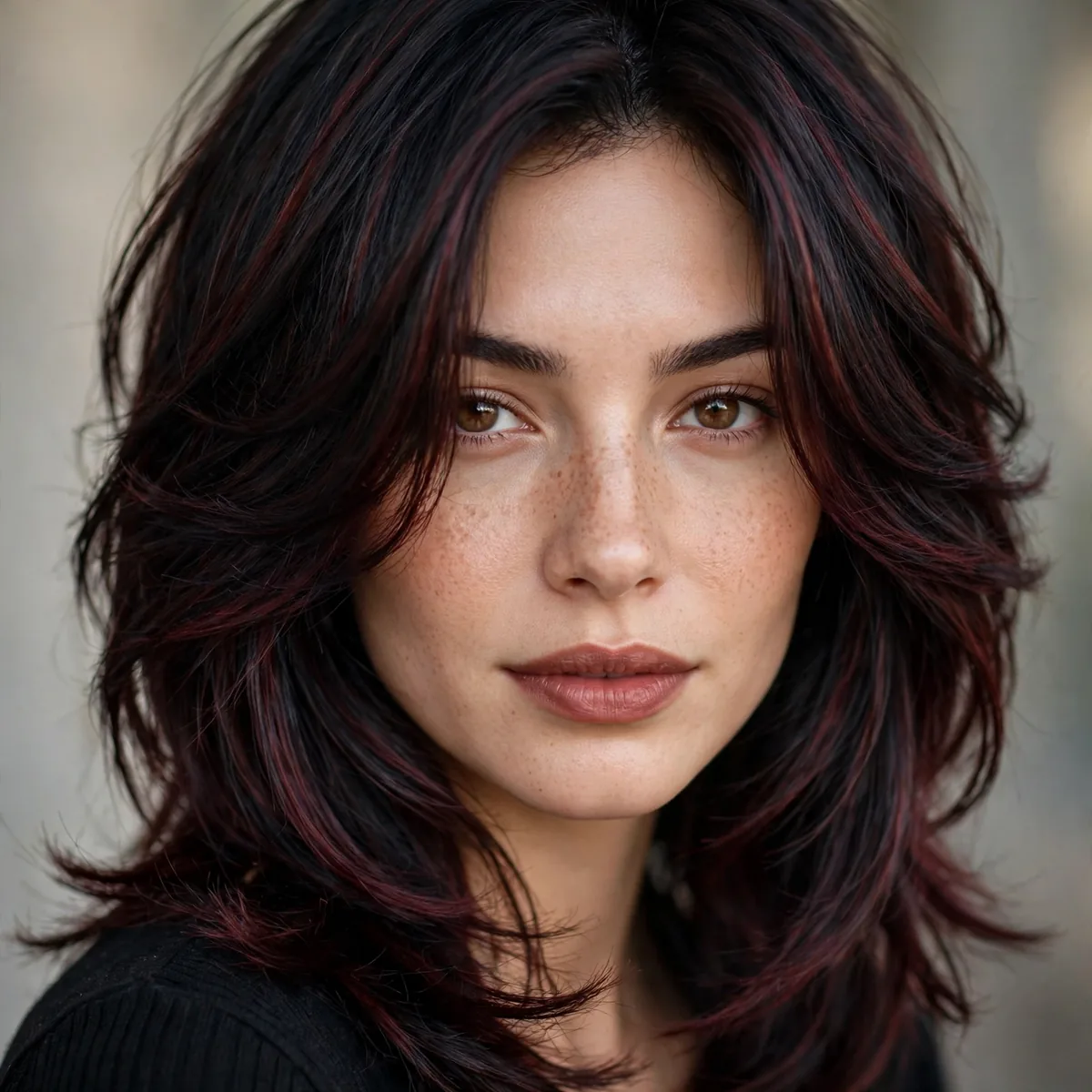 Layered black cherry hair with dimension