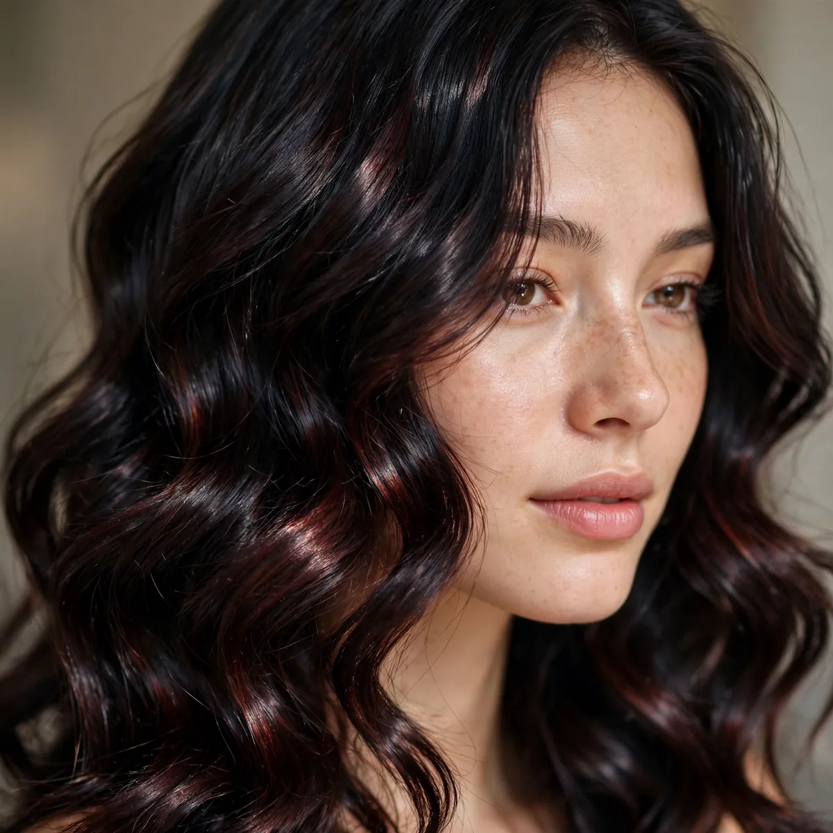 Glossy cherry black wavy hair