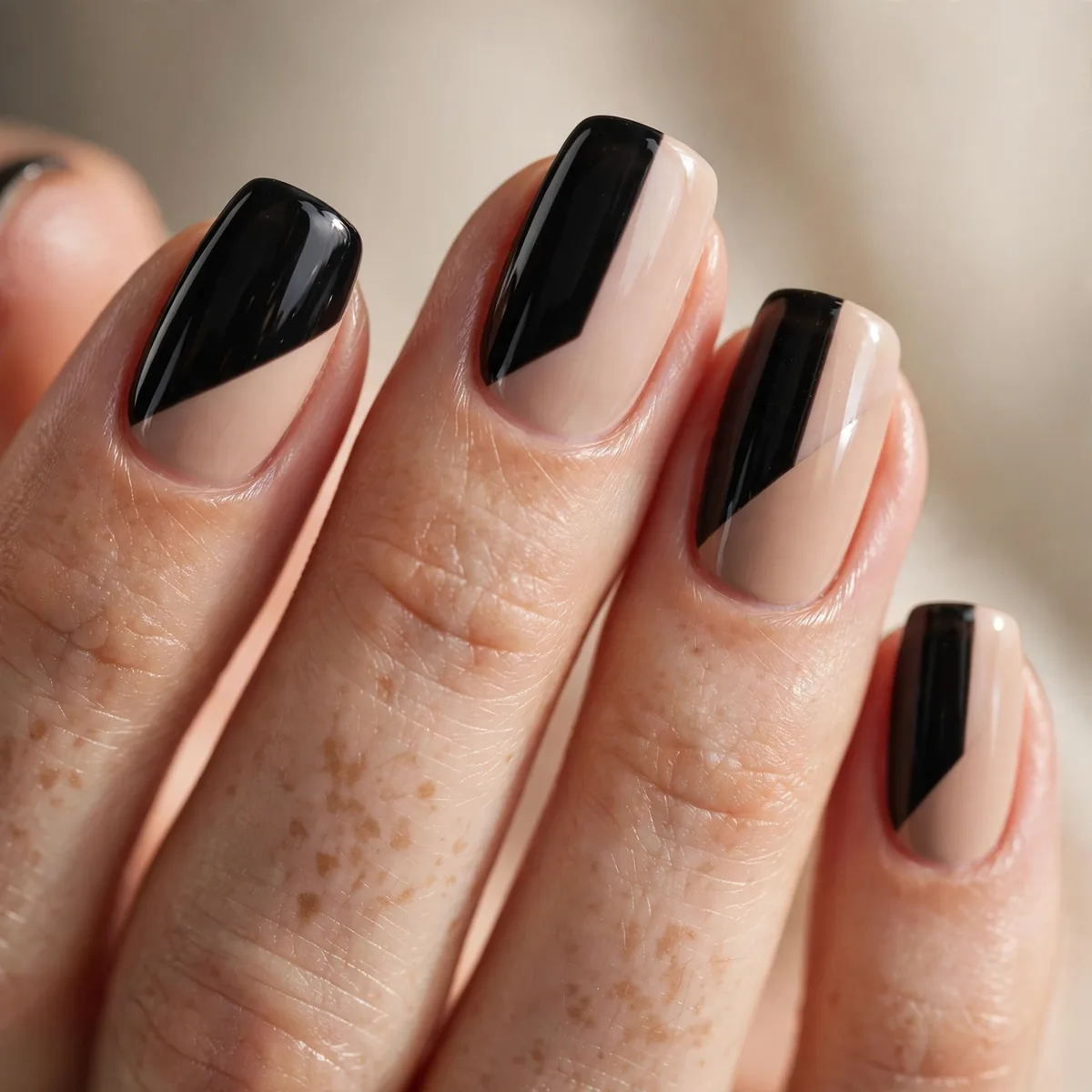 Black and nude color block nails