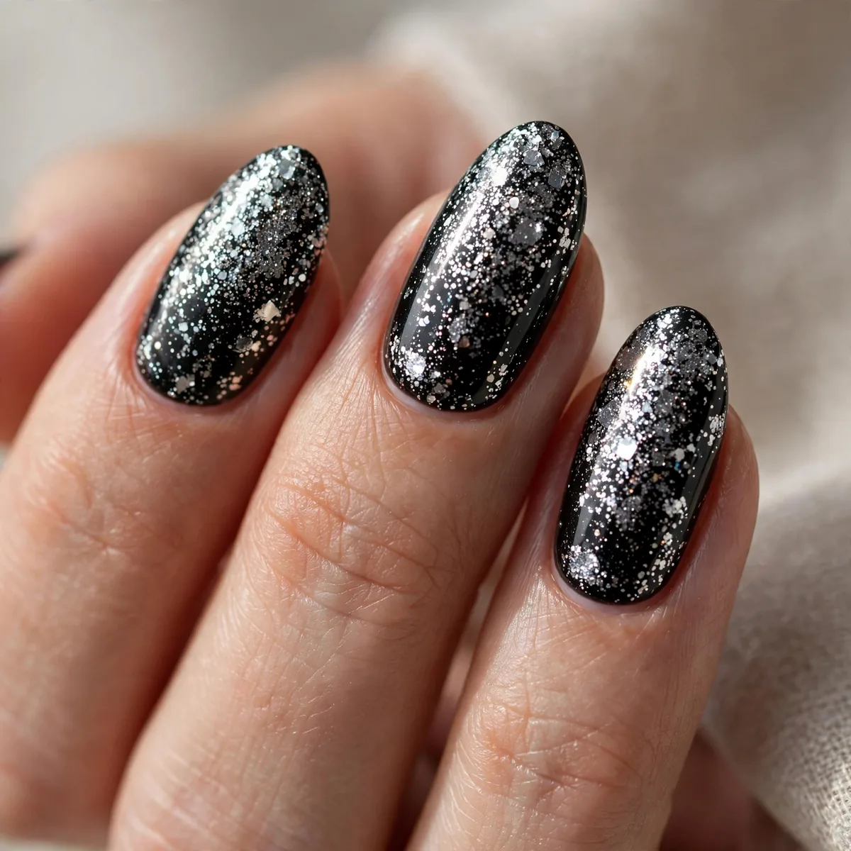 Silver glitter on black nails