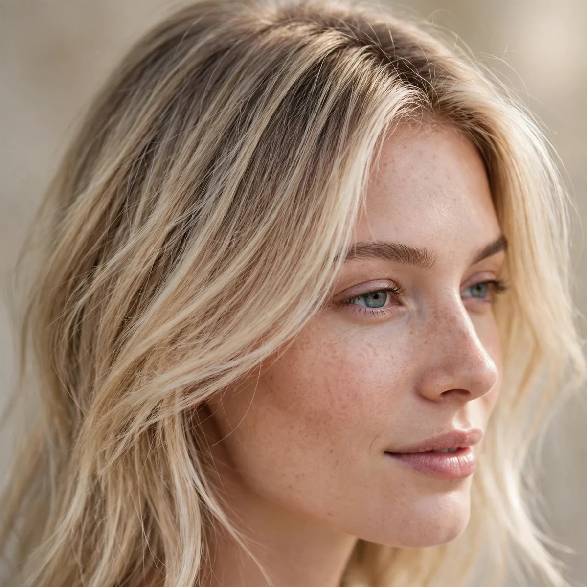 Fine blonde hair with a soft beige root smudge and balayage