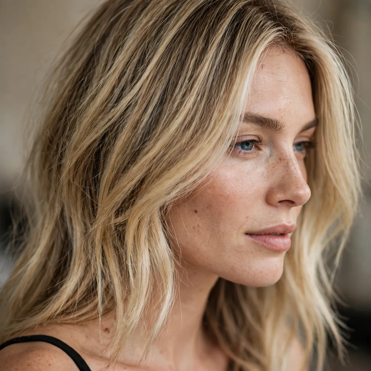 Buttery blonde balayage with lowlight depth on fine hair