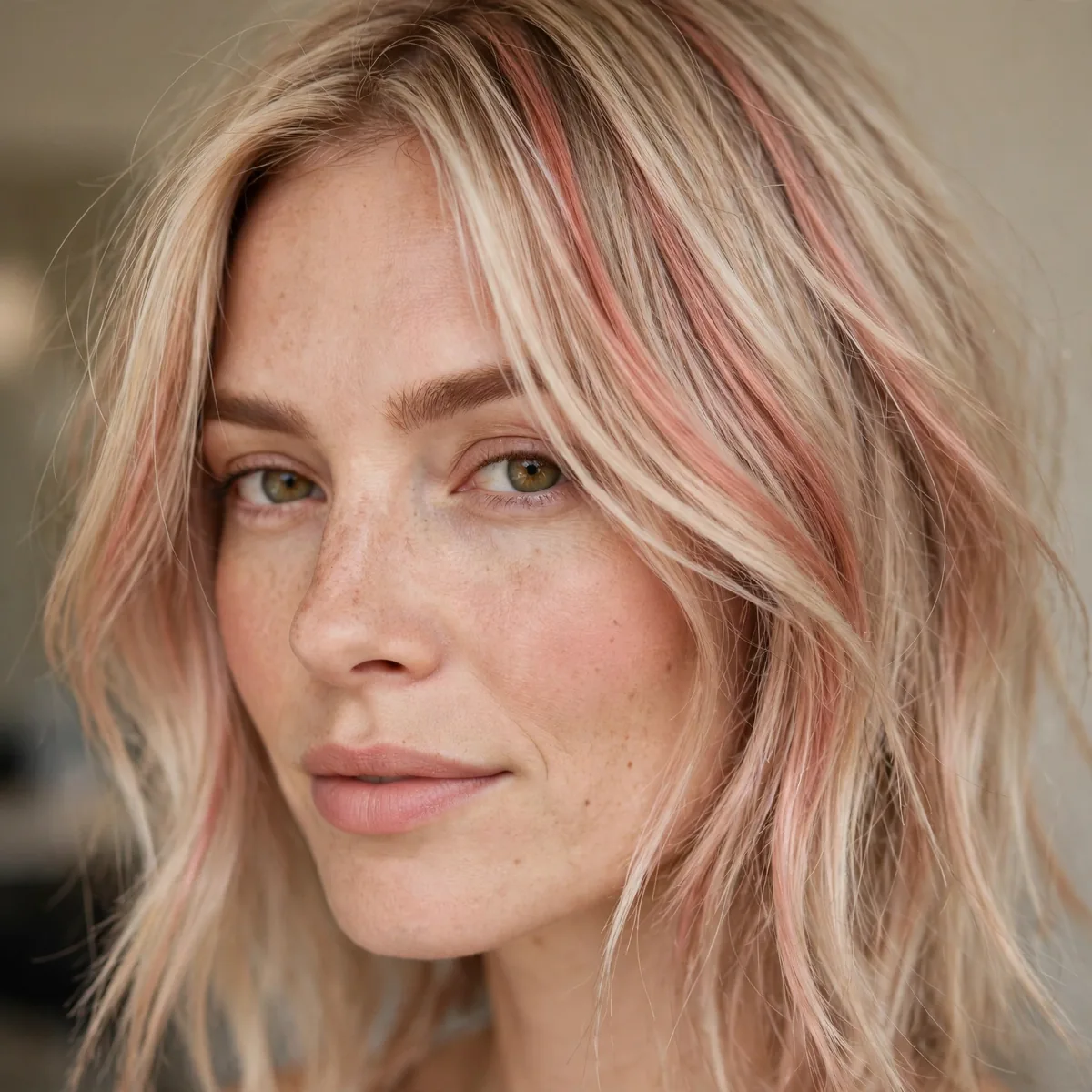 Fine hair with rose gold blush balayage on blonde