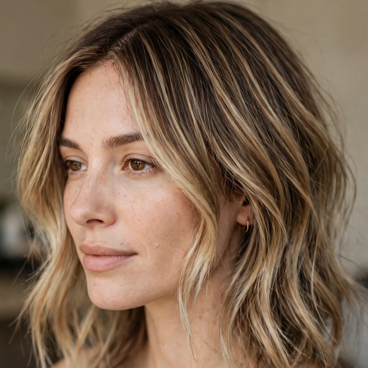 Bronde balayage blending brown and blonde on fine hair