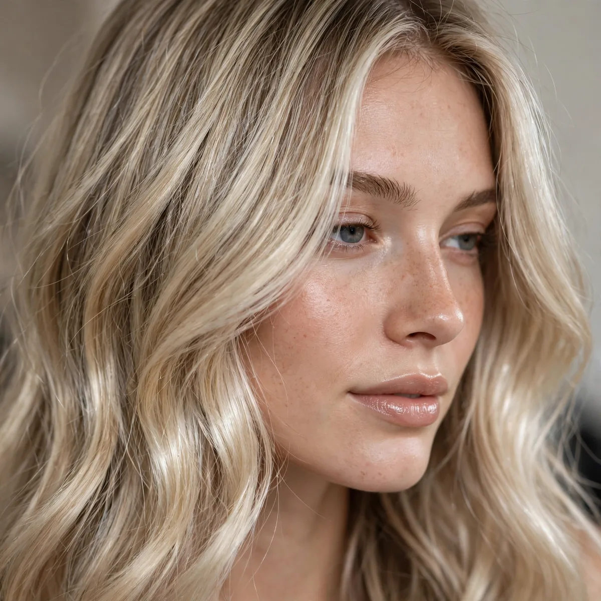 Pearl blonde gloss balayage with luminous shine on fine hair