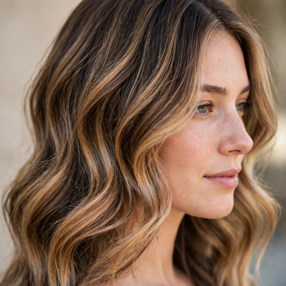 Toffee swirl balayage ribbons on dark blonde fine hair