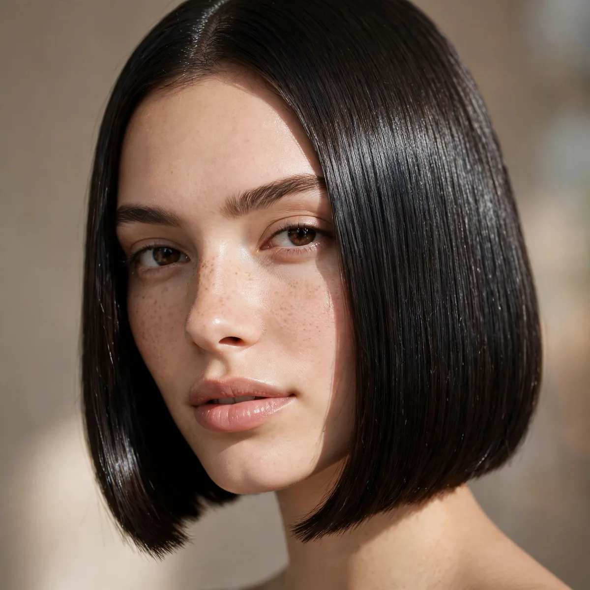 Ultra sleek glass hair blunt bob with mirror shine