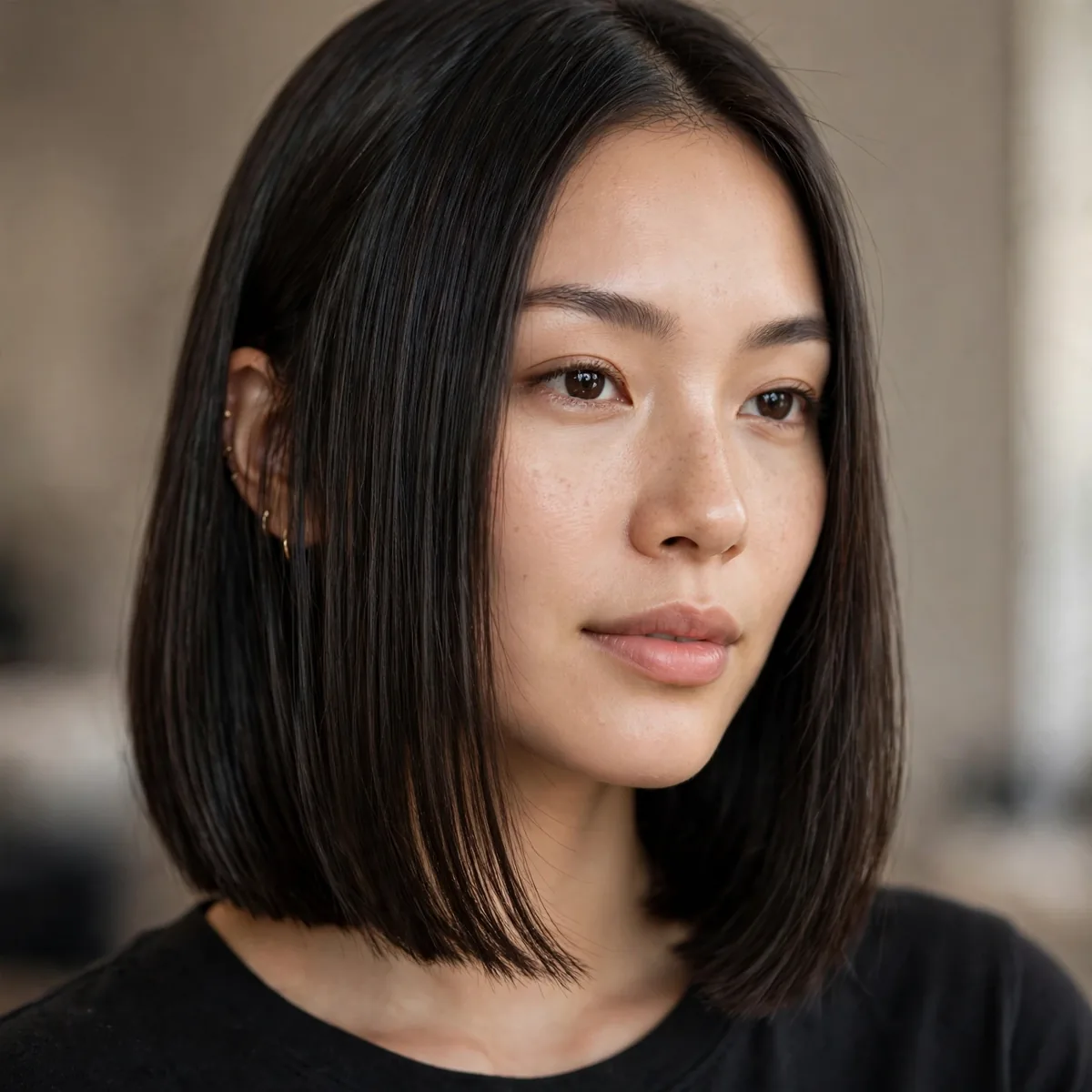 Blunt bob at collarbone length on straight dark hair