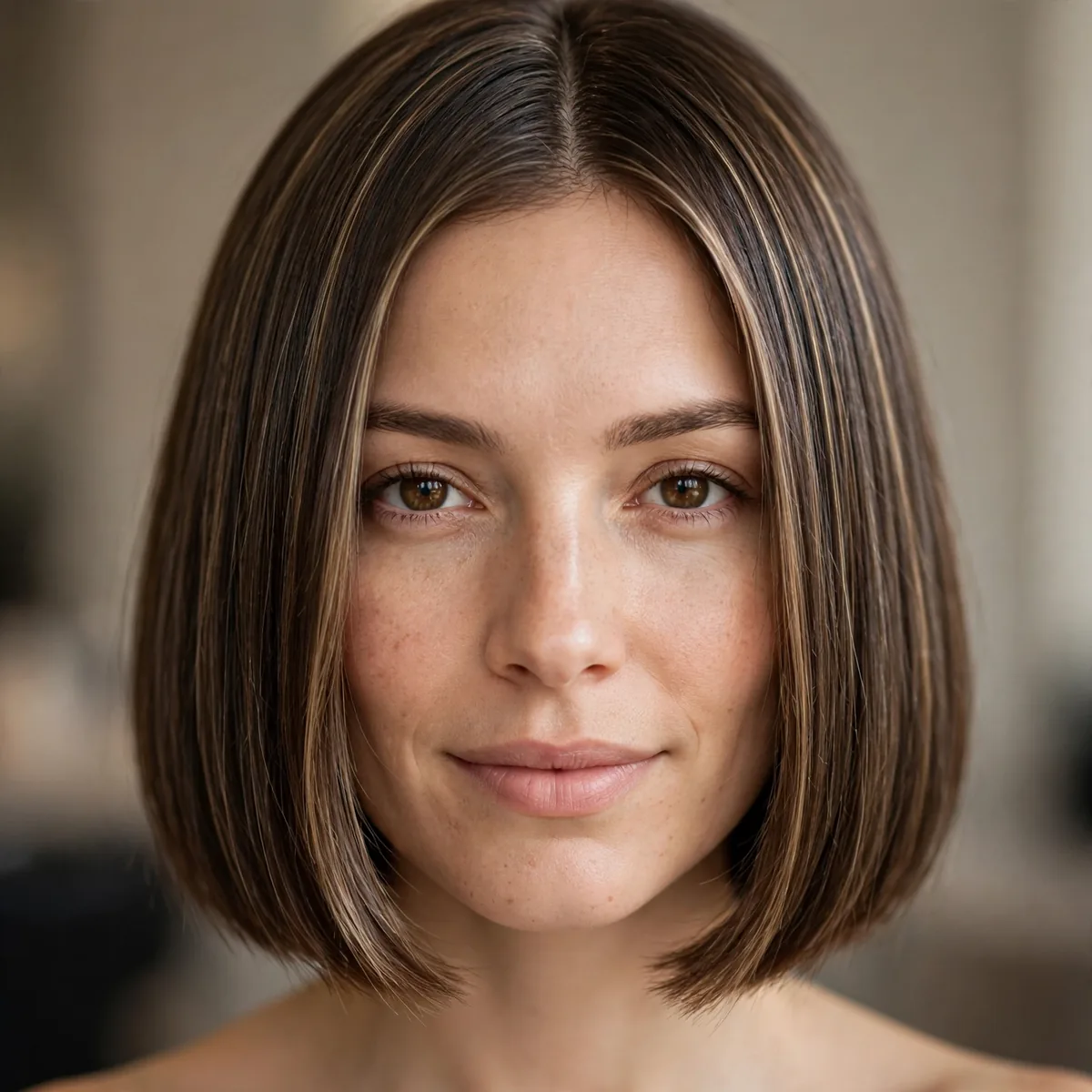 Blunt bob with subtle babylights on straight hair