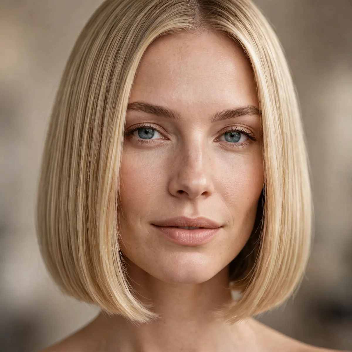 One length sleek bob at jaw level on straight blonde hair