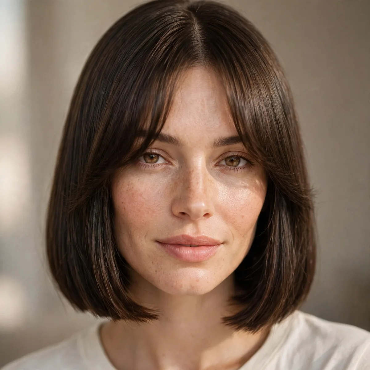 Blunt bob paired with curtain bangs on straight hair