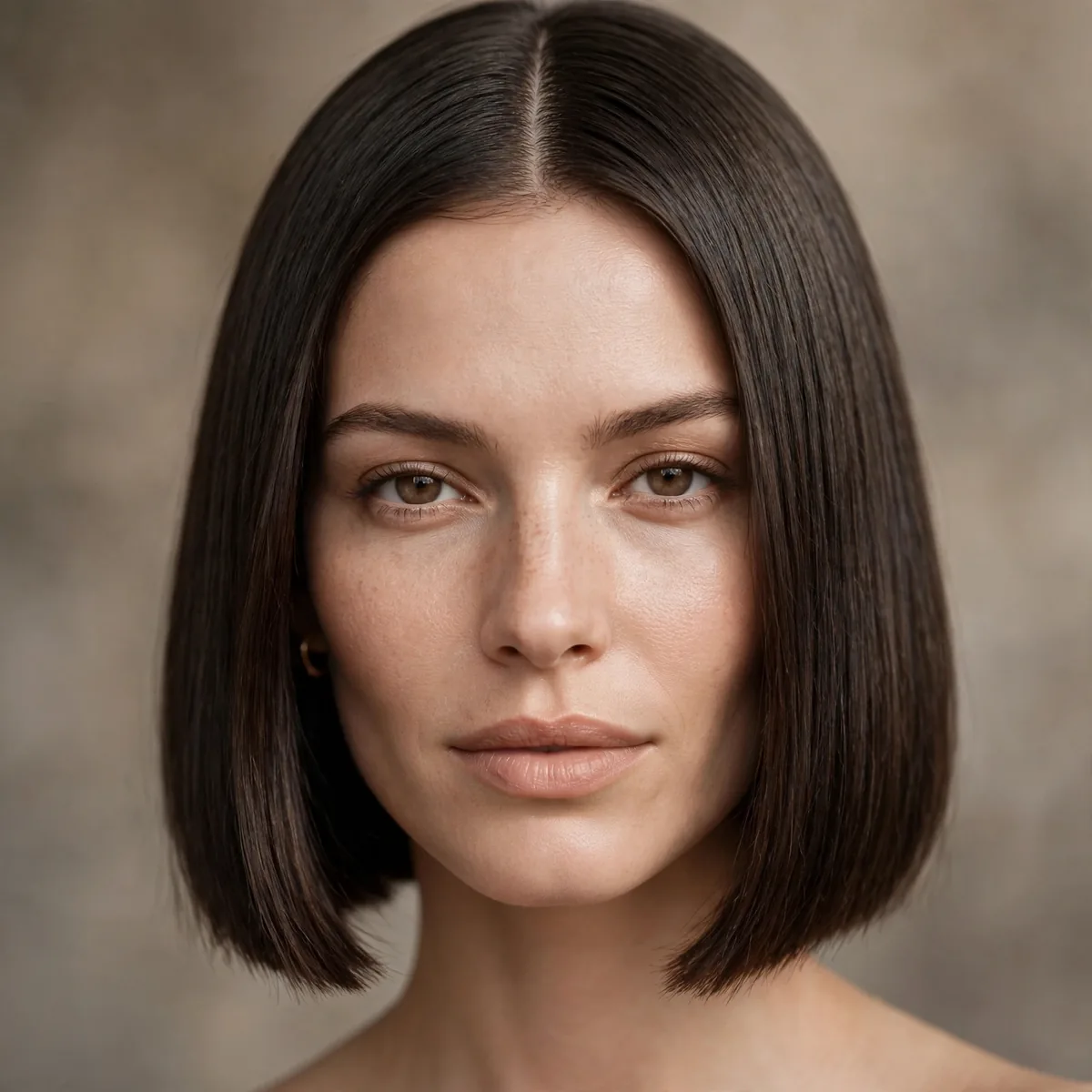 Blunt bob with a sharp middle part on straight hair