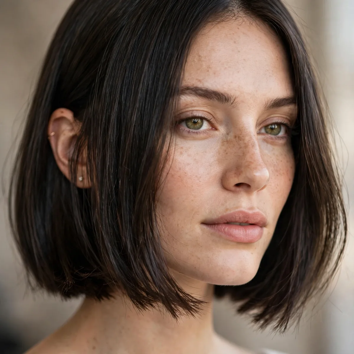 Blunt bob with lightly texturized ends on straight hair