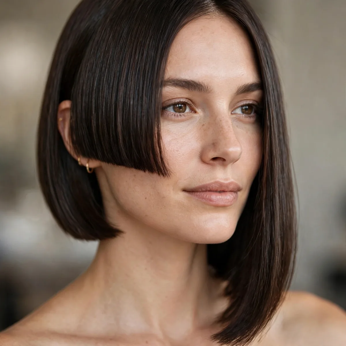 Asymmetric blunt bob longer on one side on straight hair