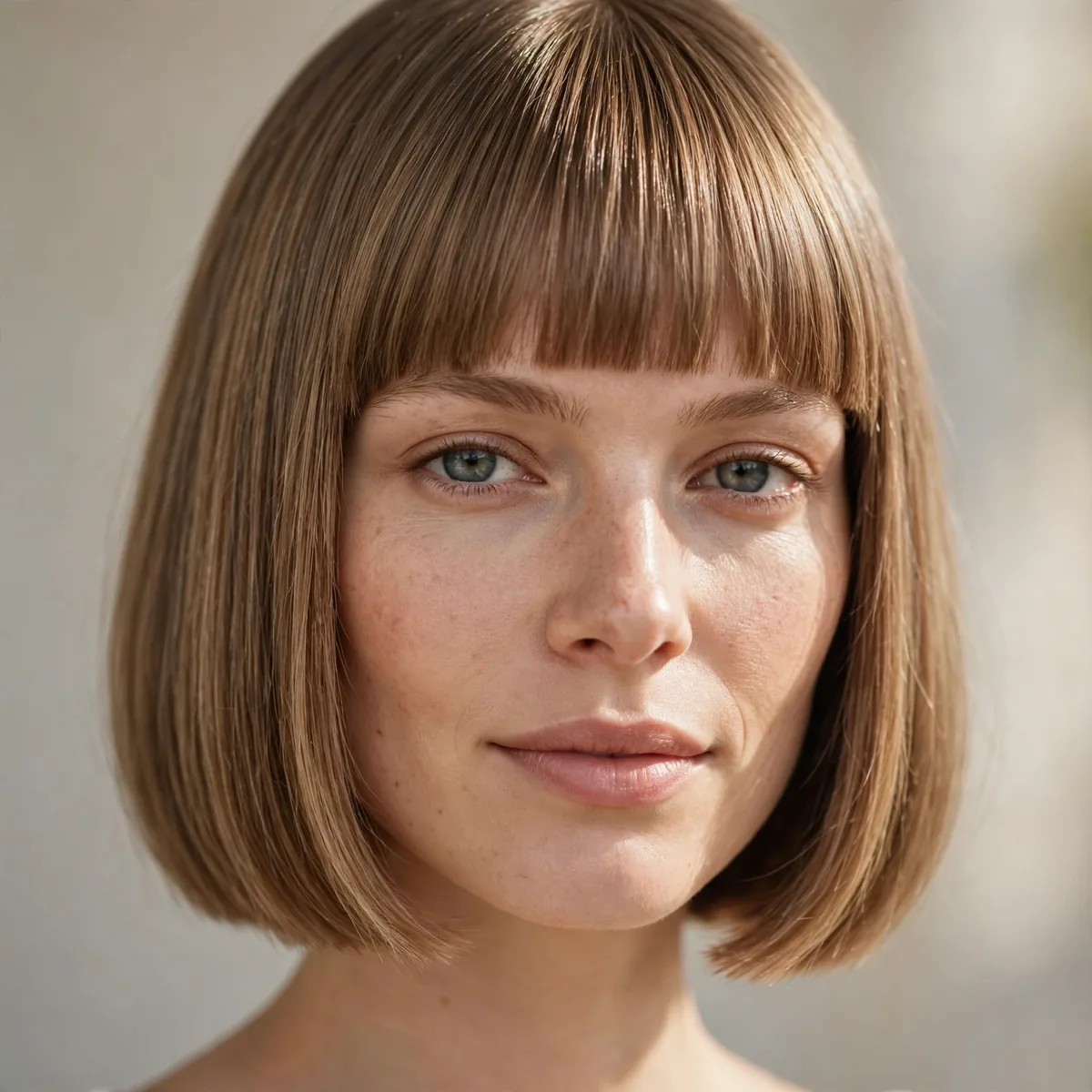 Chin length blunt bob with straight across bangs
