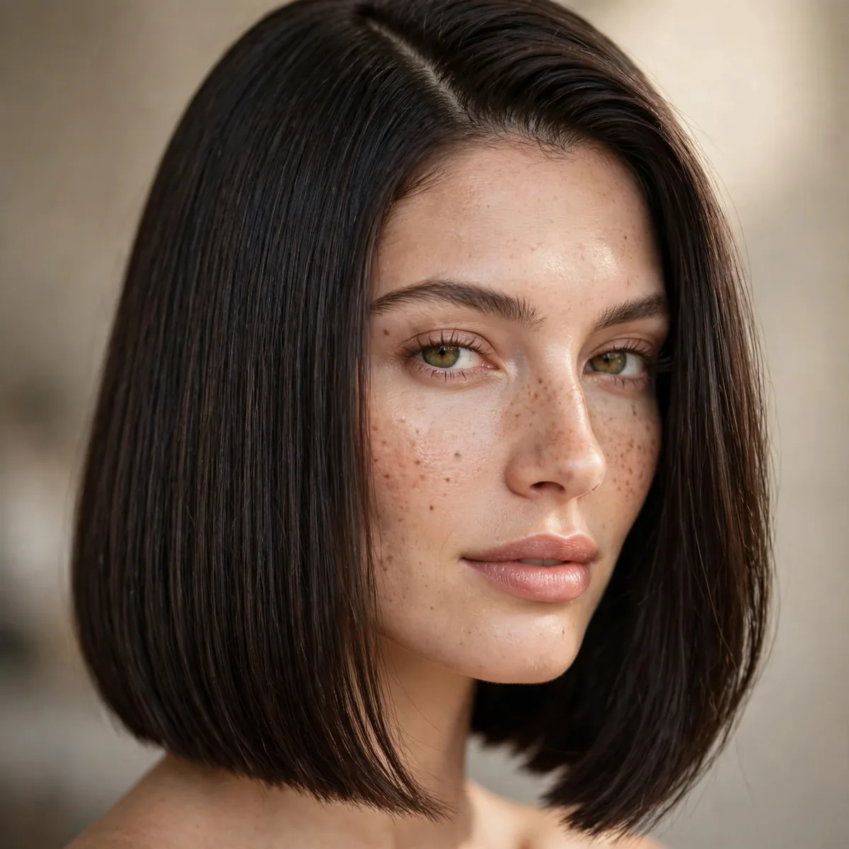 Blunt long bob with a deep side part on straight hair