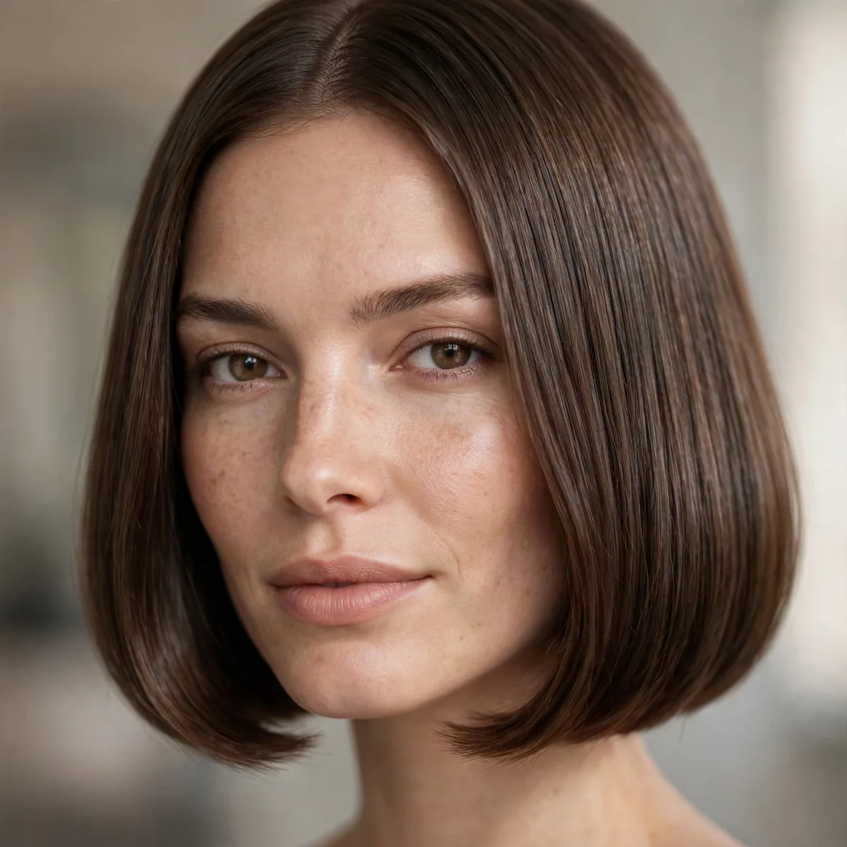 Blunt bob with softly rounded edges on straight hair