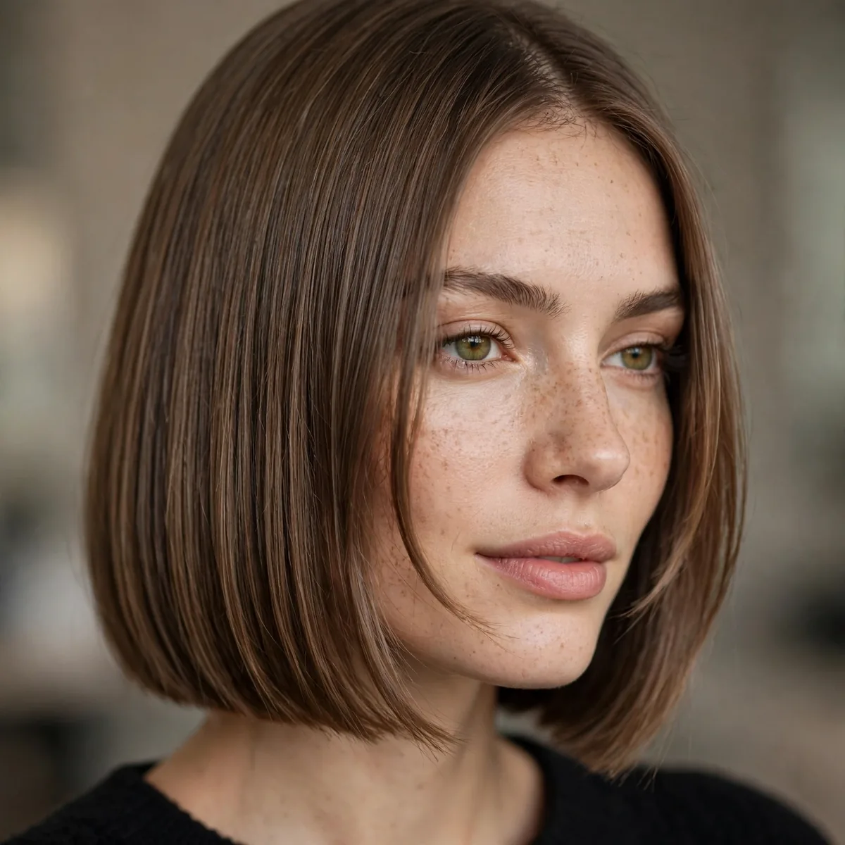 Blunt bob with subtle face framing pieces on straight hair