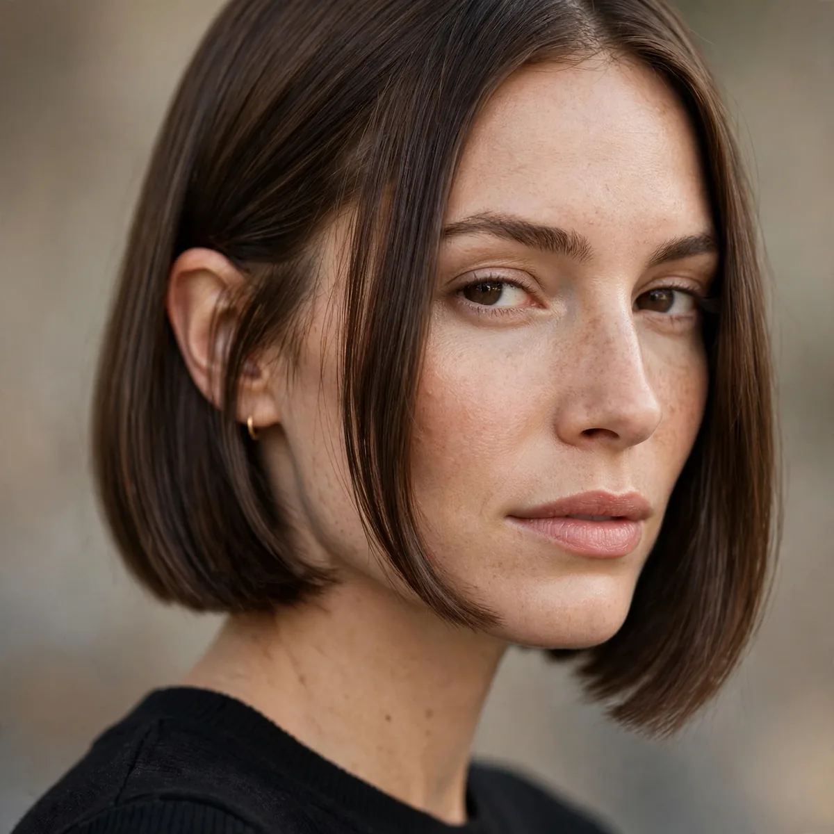 Blunt bob styled tucked behind one ear on straight hair