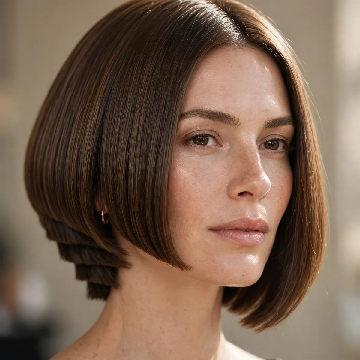 Blunt bob with subtle wedge stacking at the nape on straight hair