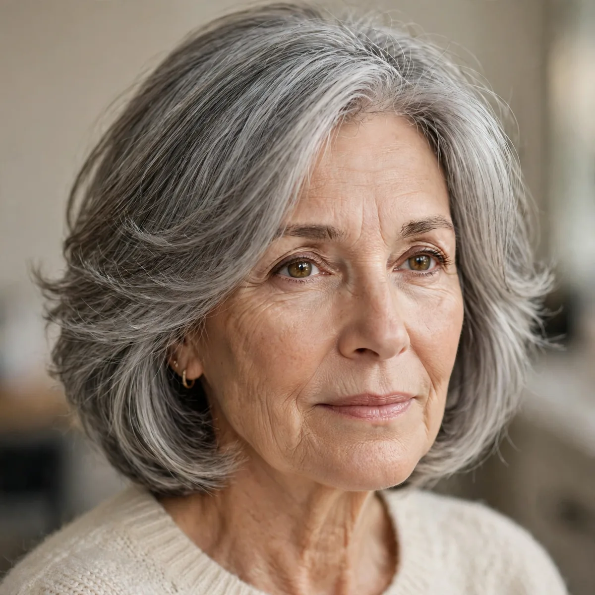 Soft layered bob on a woman over 60 with natural gray hair