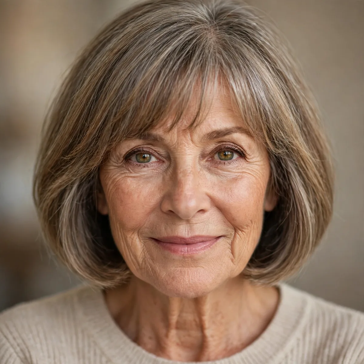 Chin length bob with soft bangs on a woman over 60