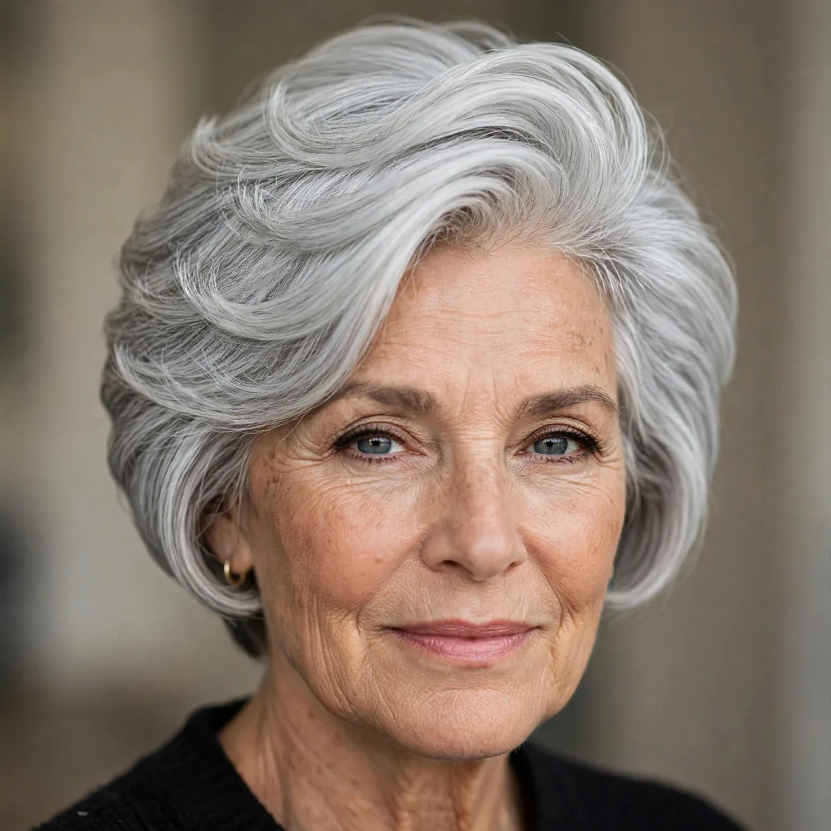 Stacked silver bob with volume on a woman over 60
