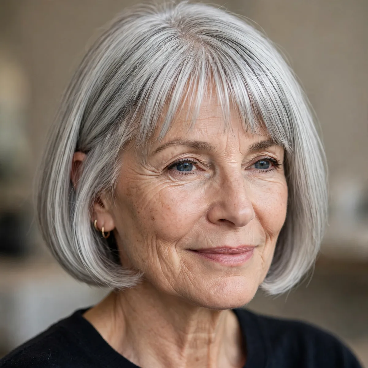 Chic French bob on silver hair for a woman over 60