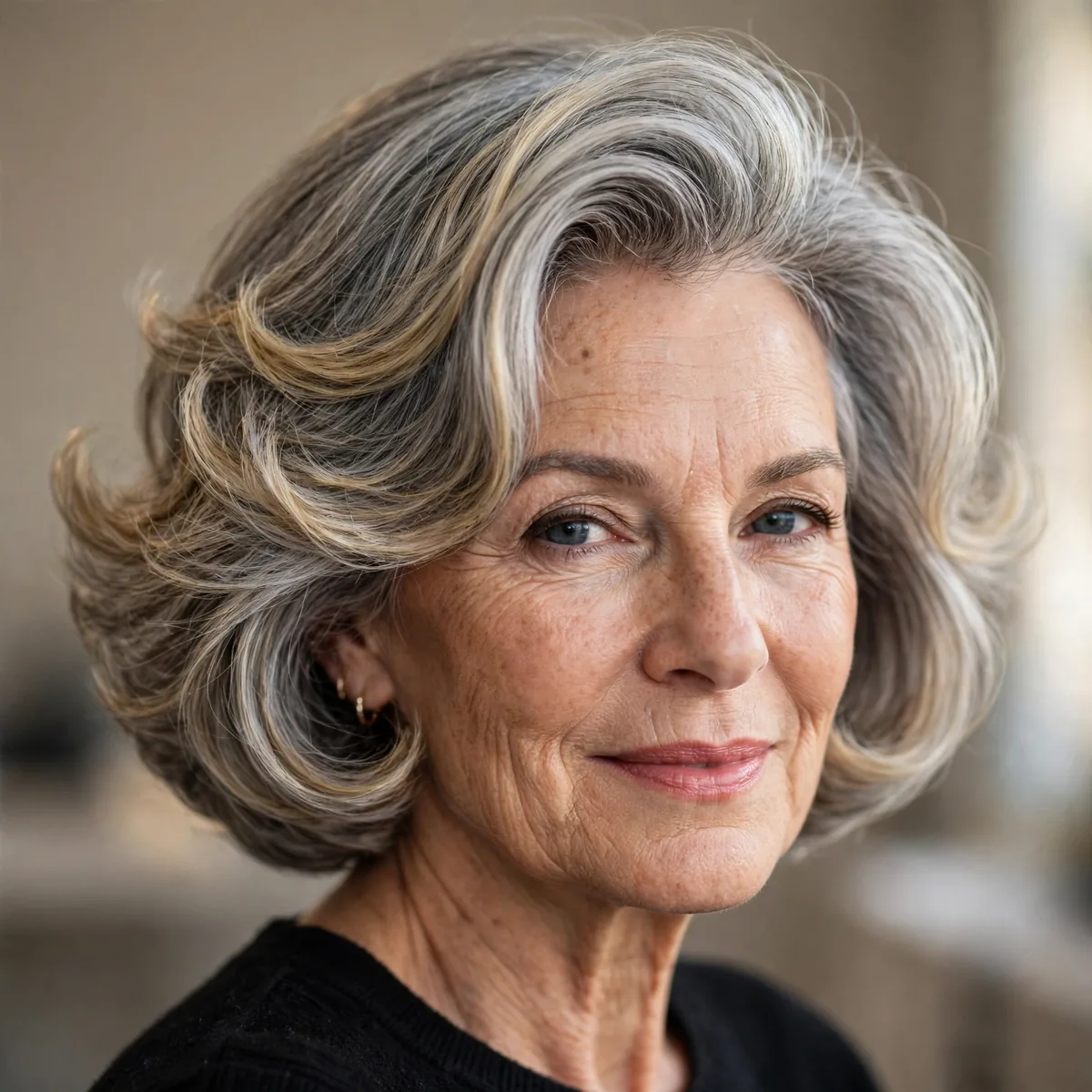 Bouncy blowout bob with volume on a woman over 60