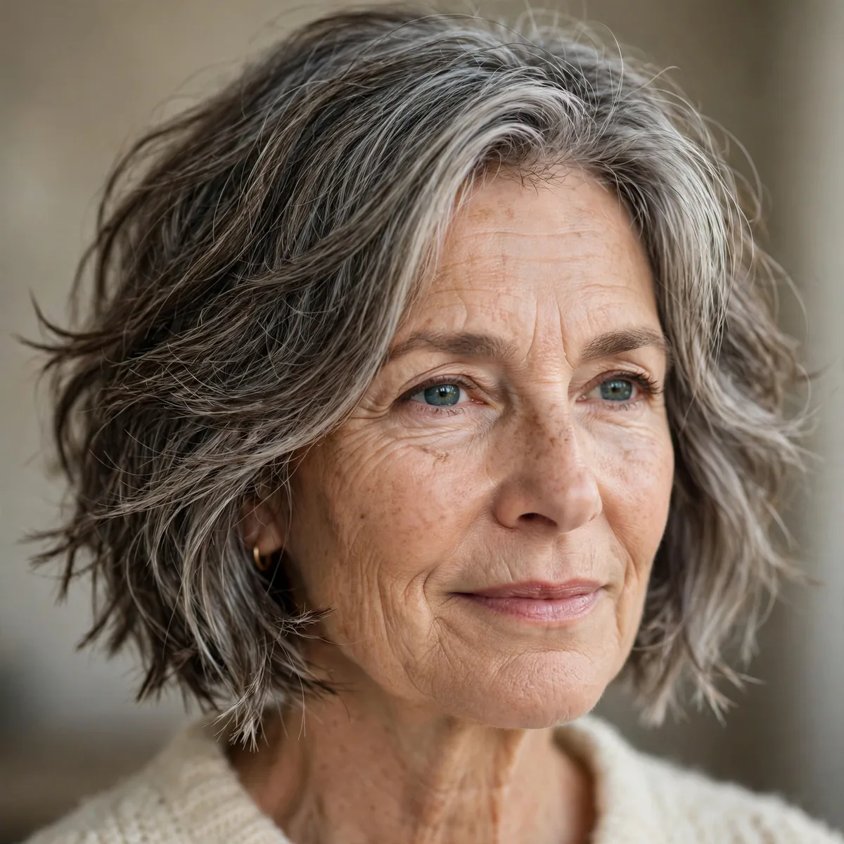 Textured chin length bob with piece-y ends for a woman over 60