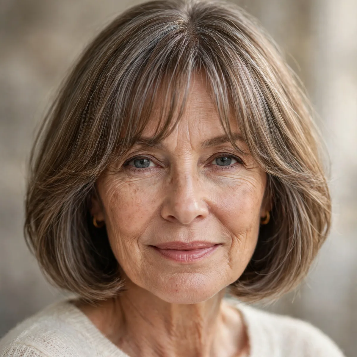Bob with soft curtain bangs on a woman over 60