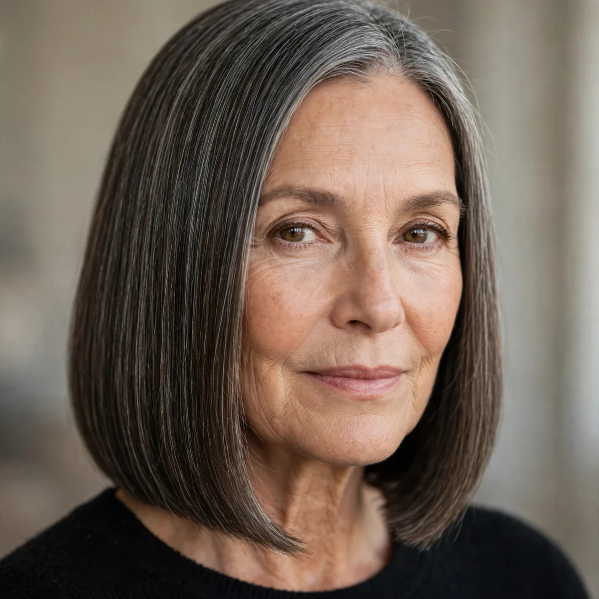 Sleek straight bob at jaw length on a woman over 60