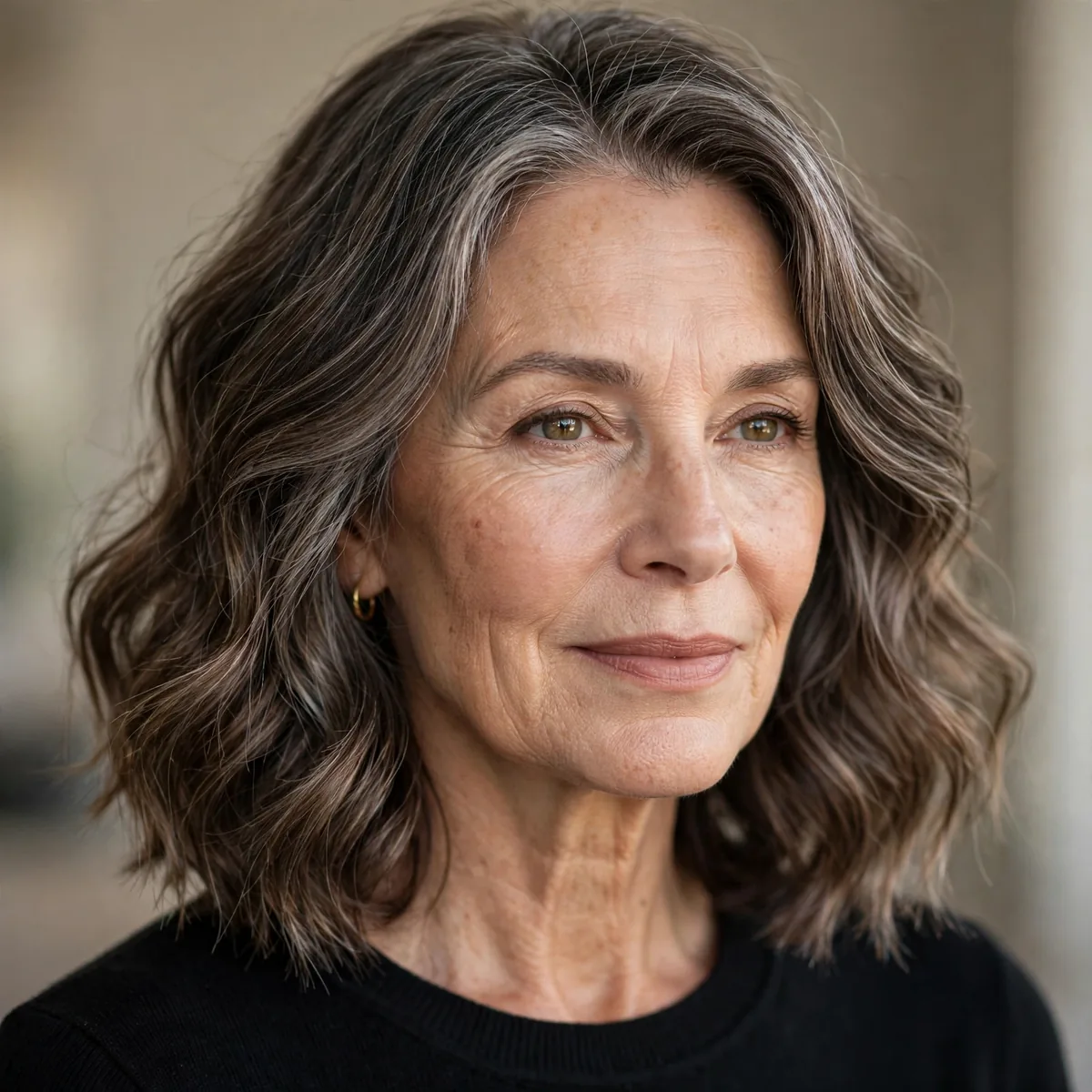 Wavy long bob at collarbone length on a woman over 60