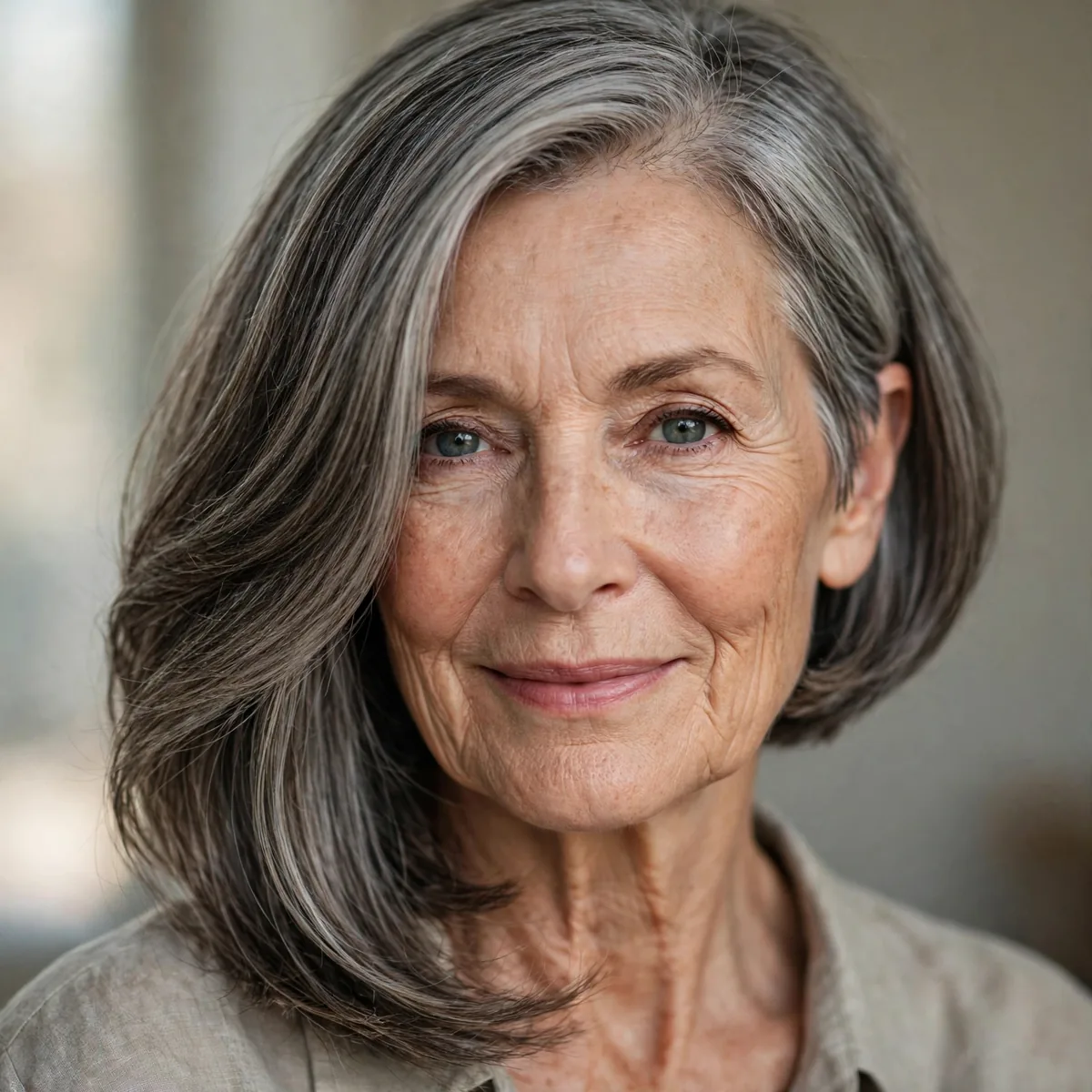 Asymmetric bob longer on one side for a woman over 60