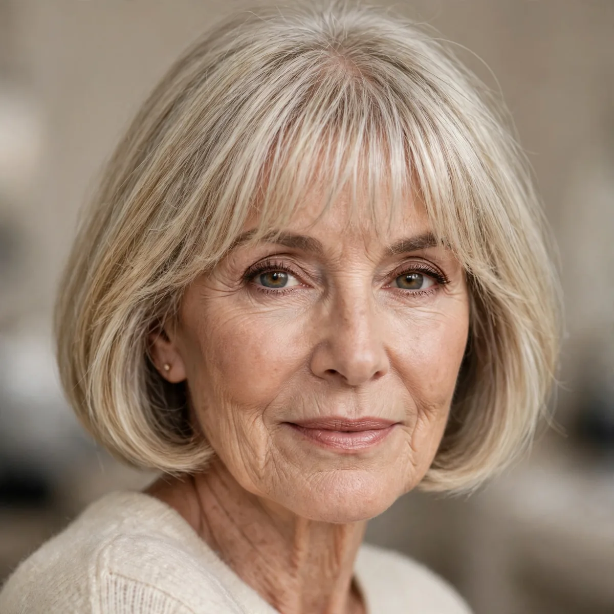 Bob with a light wispy fringe on a woman over 60