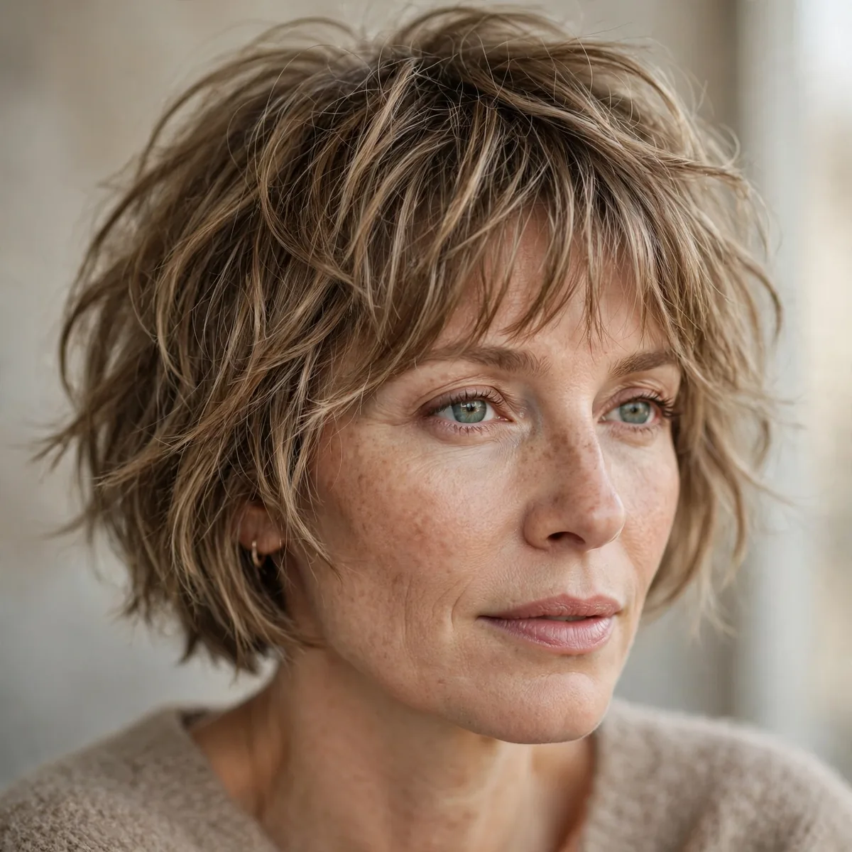 Shaggy textured bob creating fullness for thinning hair