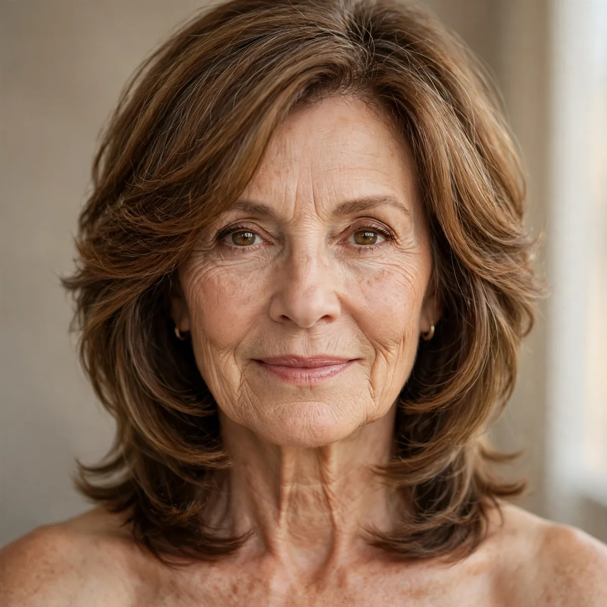 Layered collarbone lob on a woman over 60 with warm brown hair