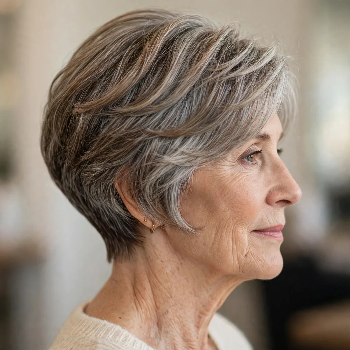 Pixie bob hybrid haircut with tapered nape for a woman over 60
