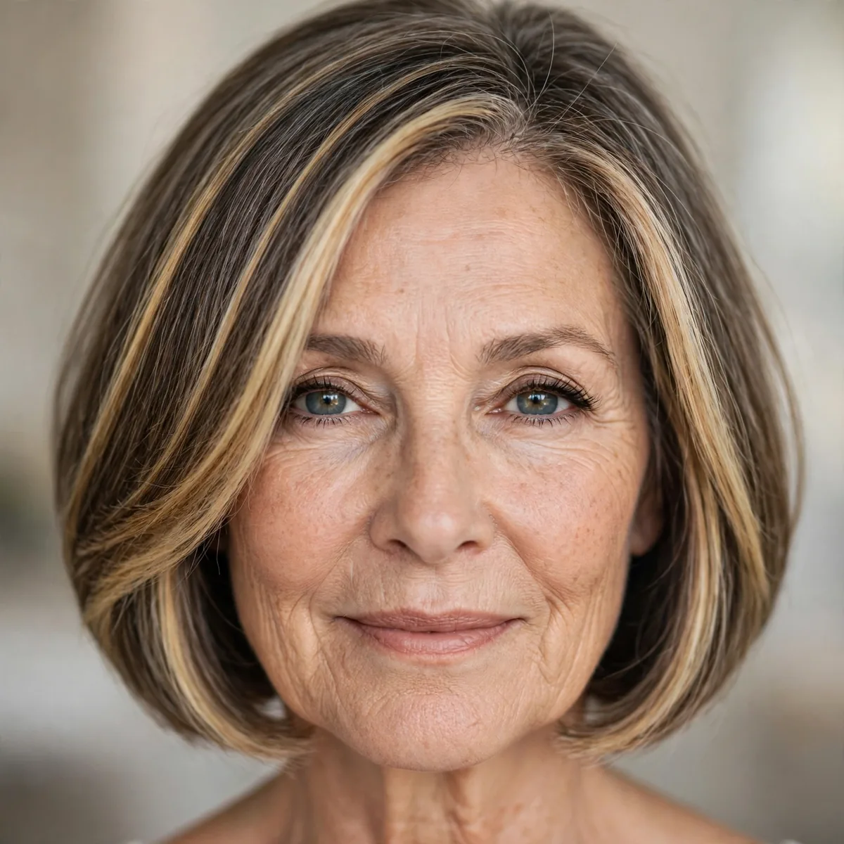 Bob with bright face framing highlights on a woman over 60