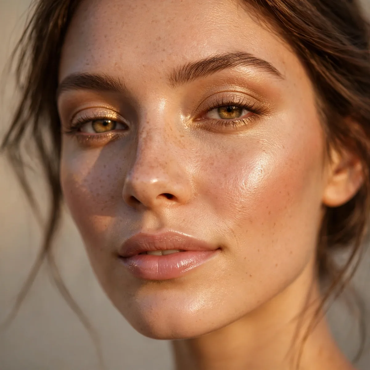 Close-up of glowing golden hour makeup on dewy skin
