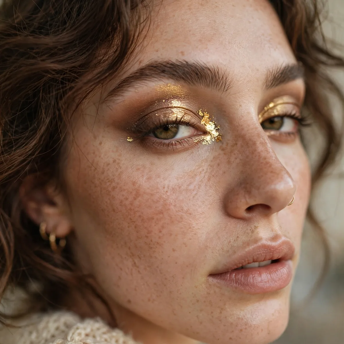 Boho eye makeup with gold shimmer in the inner corners