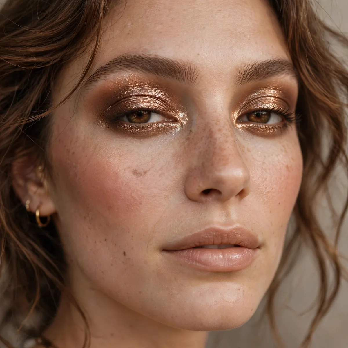 Shimmering bronze eyeshadow lids in boho makeup look