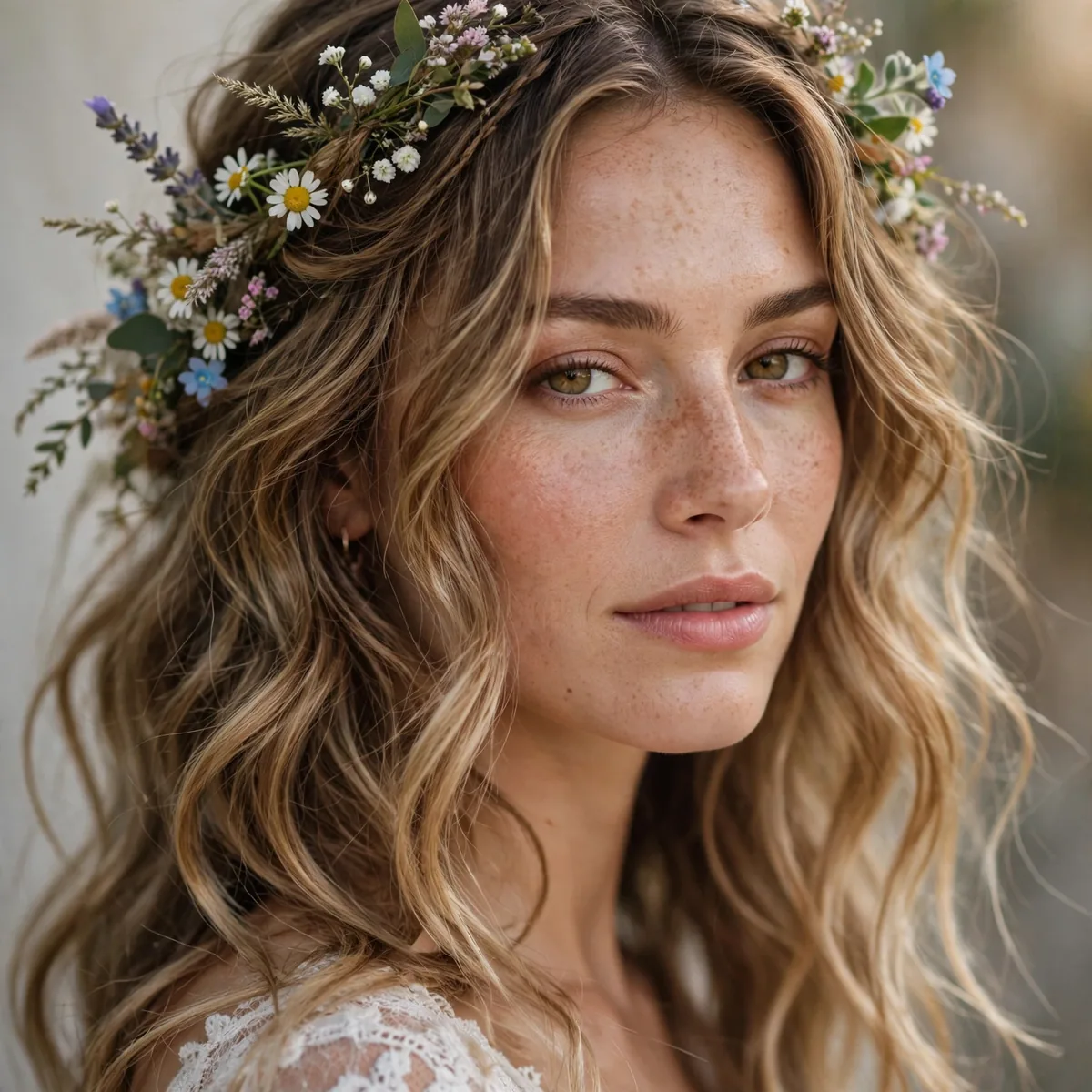 Boho bride with loose mermaid waves and wildflowers in hair