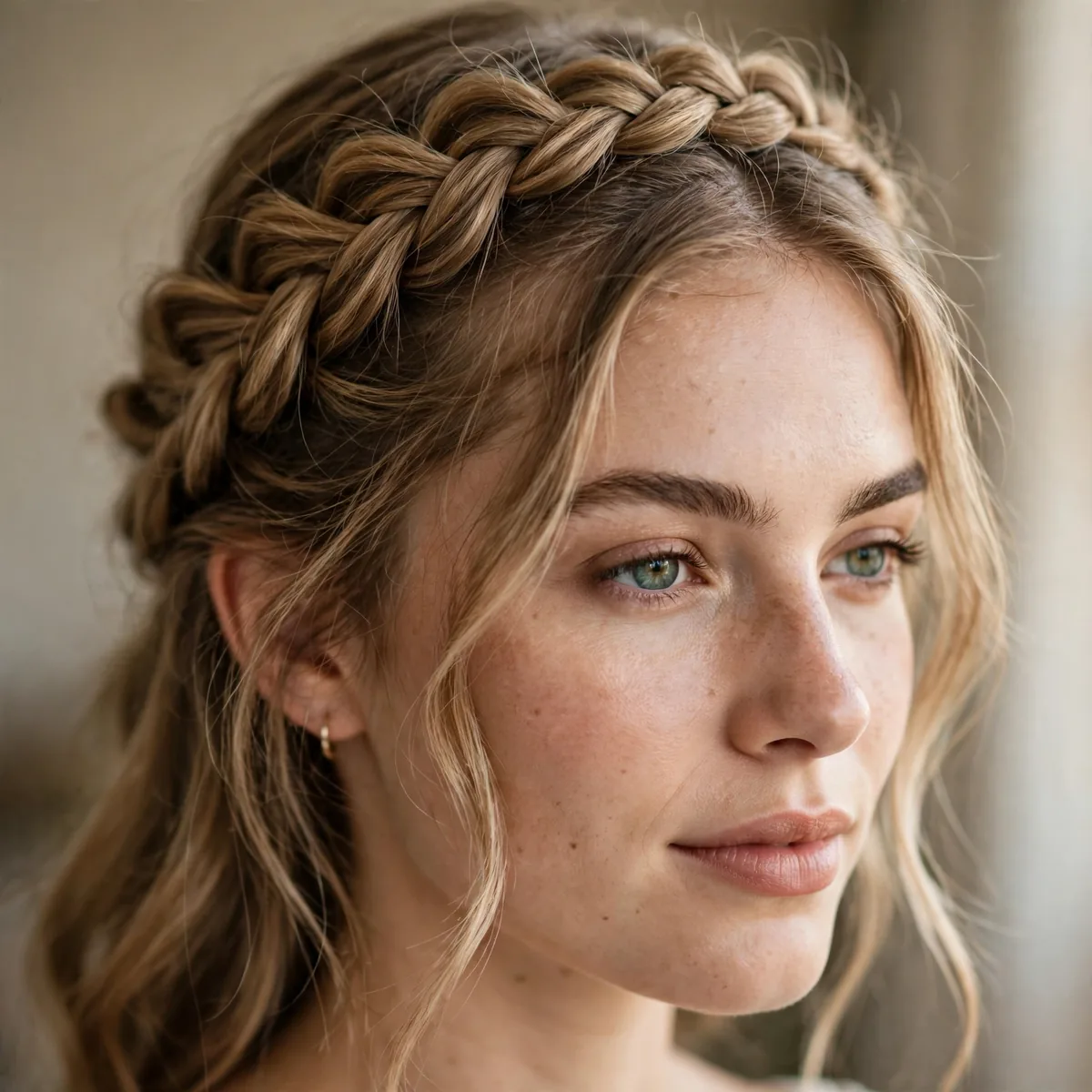 Boho bridal fishtail braid wrapped as a crown