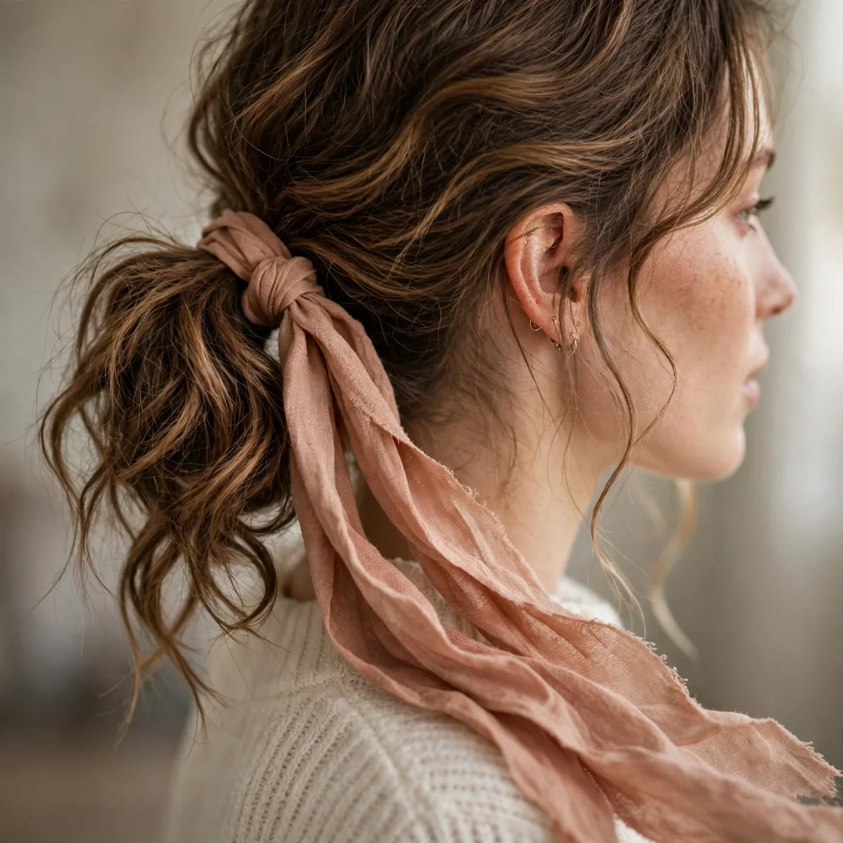Boho textured low ponytail tied with flowing ribbon