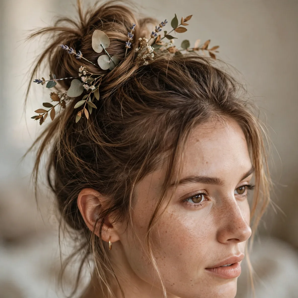 Messy boho top knot with botanical hair pins