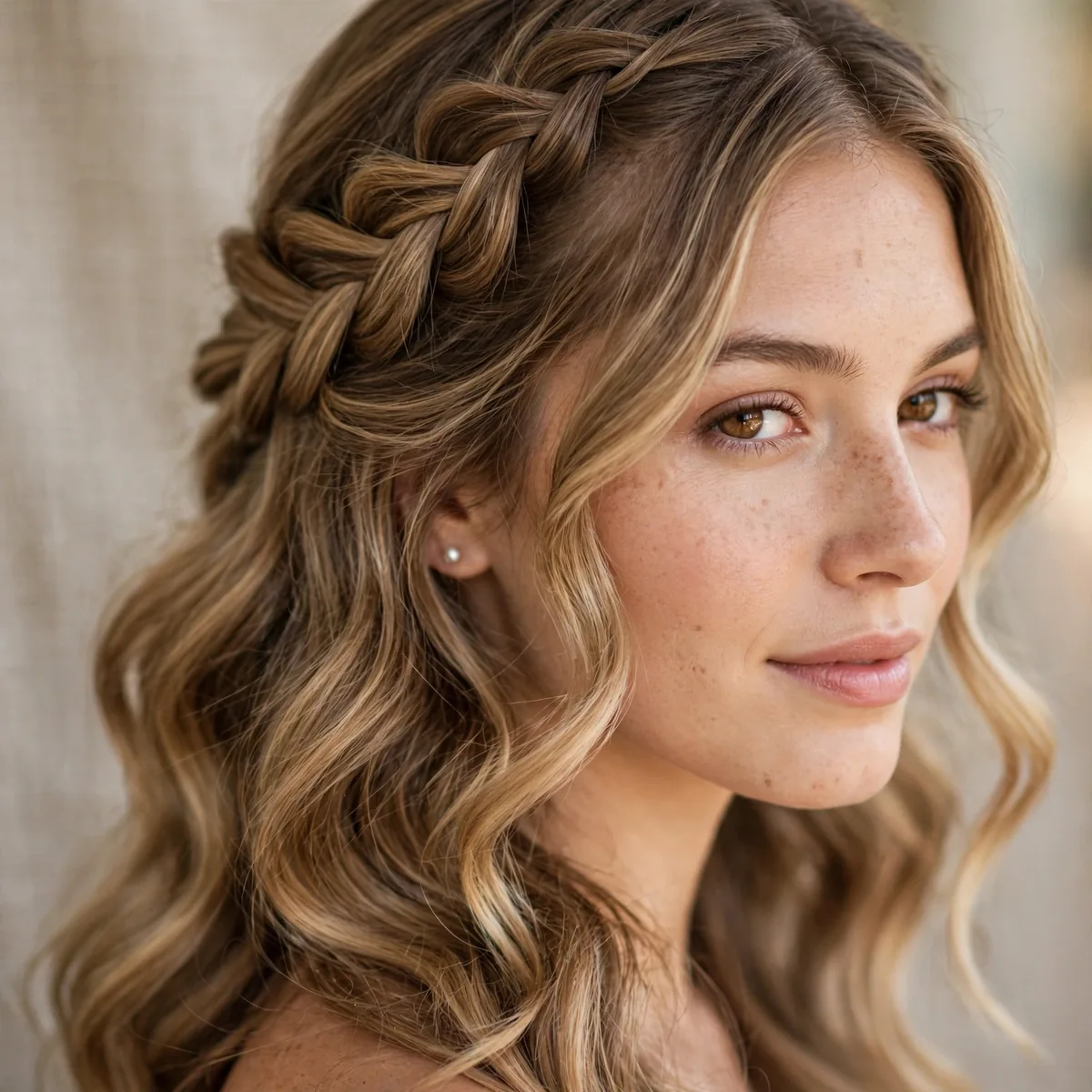 Waterfall braid woven through soft bridal waves