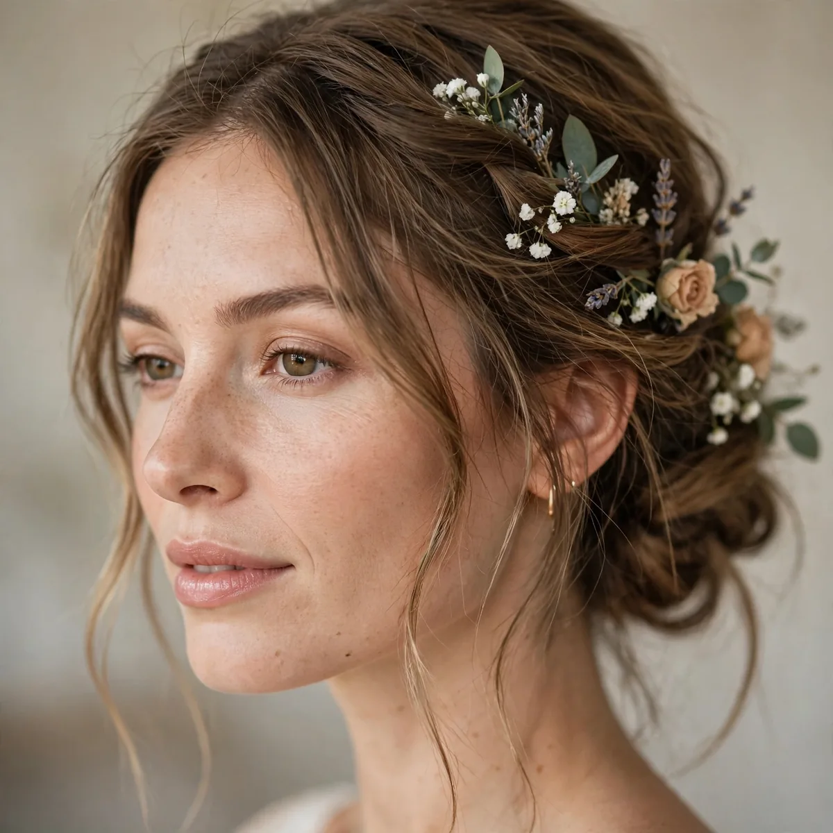 Loose Gibson tuck hairstyle with flowers for boho bride