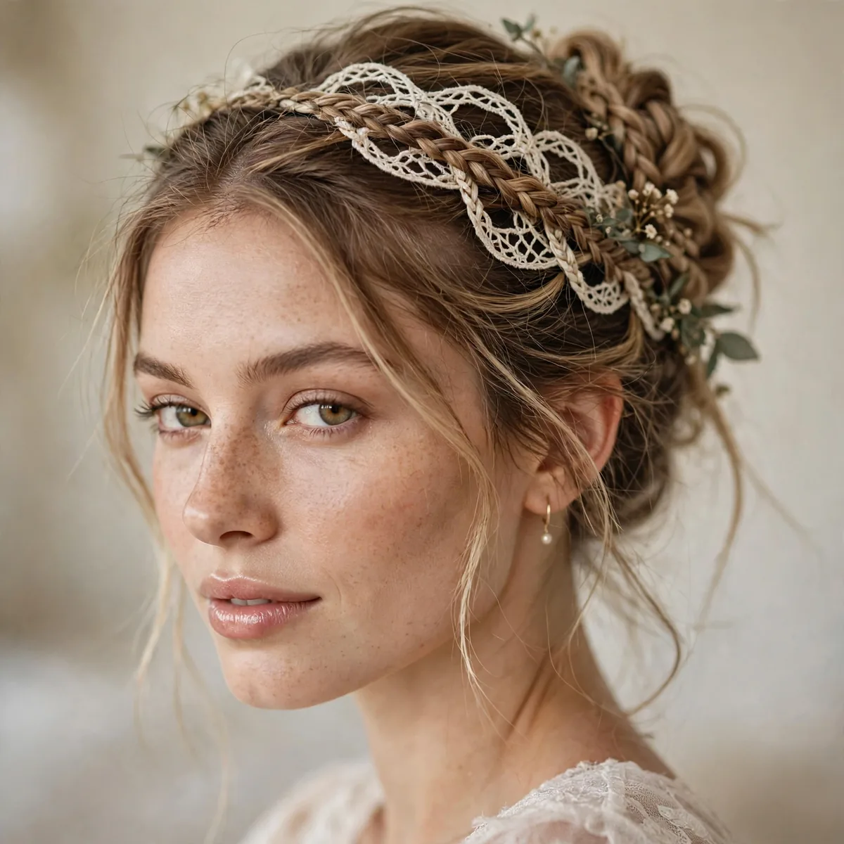 Lace-inspired braided updo with delicate weaving for boho bride